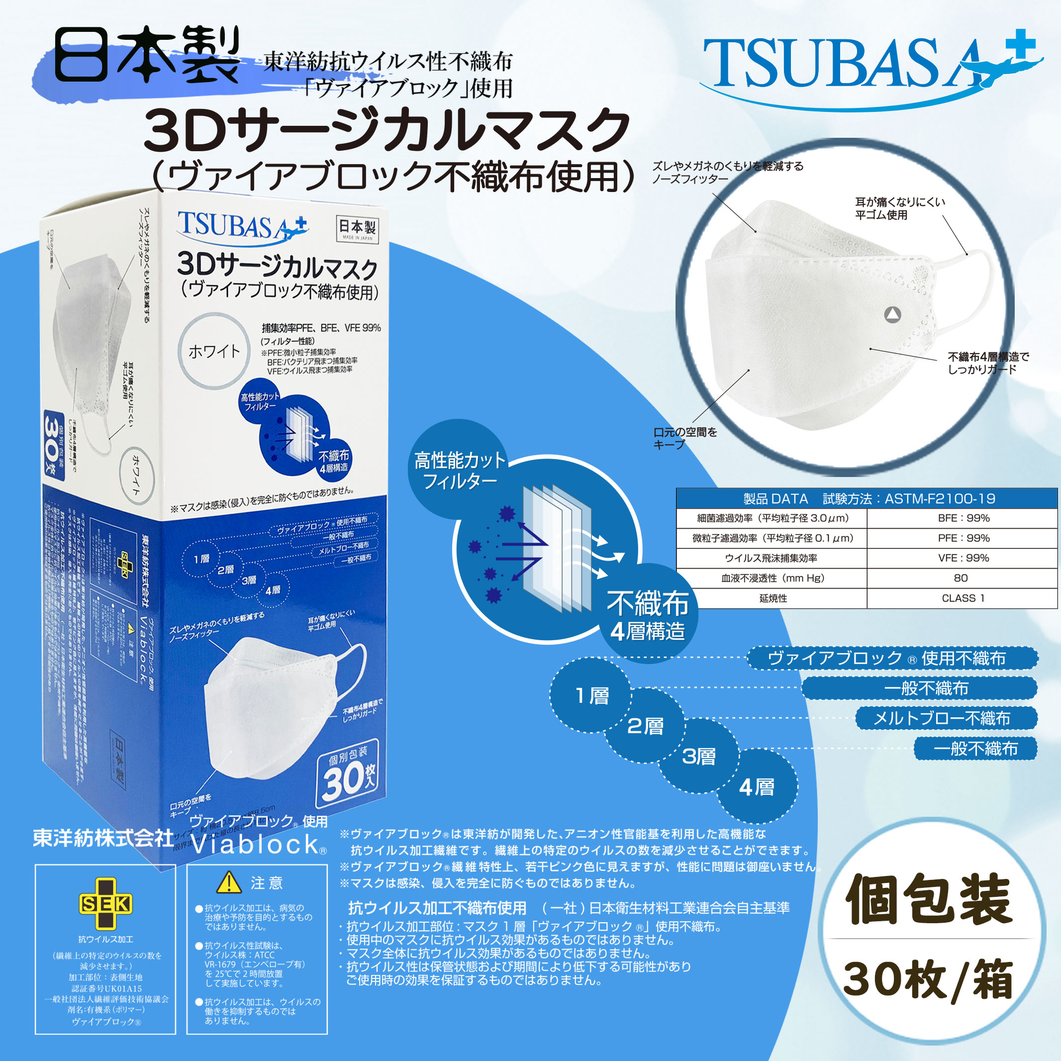 【日本製】TSUBASA 4層構造 個包装 3Dサージカルマスク ヴァイアブロック不織布使用 抗ウイルス 立体サージカルマスク フリーサイズ 1BOX-30枚入り