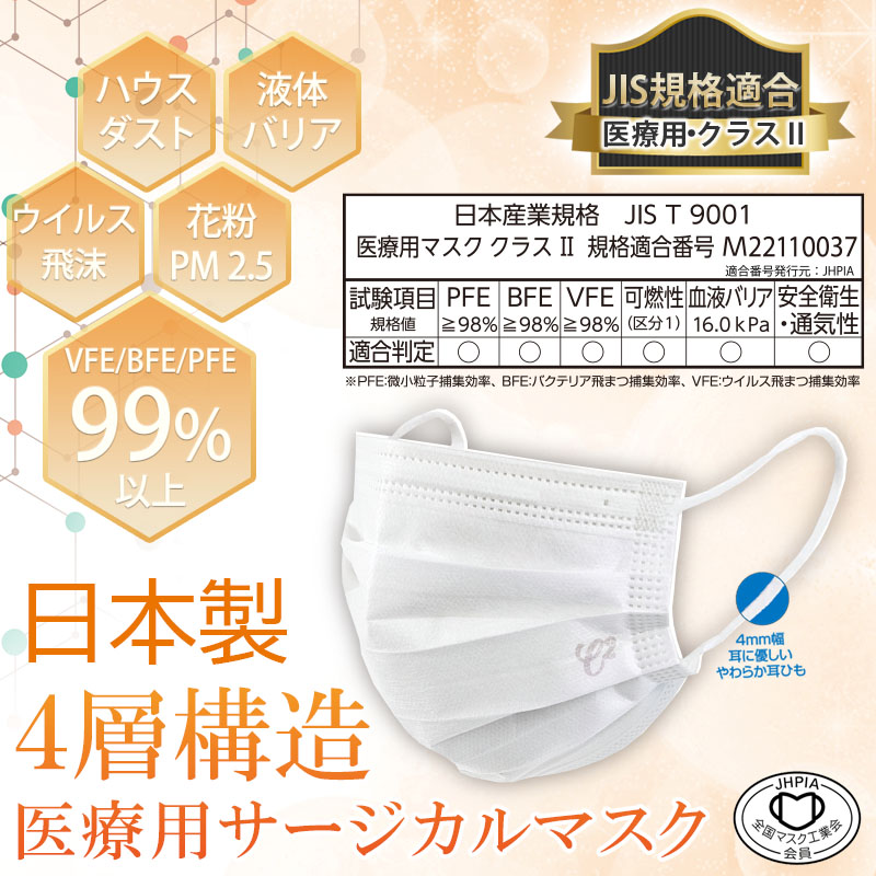 日本製】4層式 TSUBASA国産医療用サージカルマスク(フリーサイズ・50枚