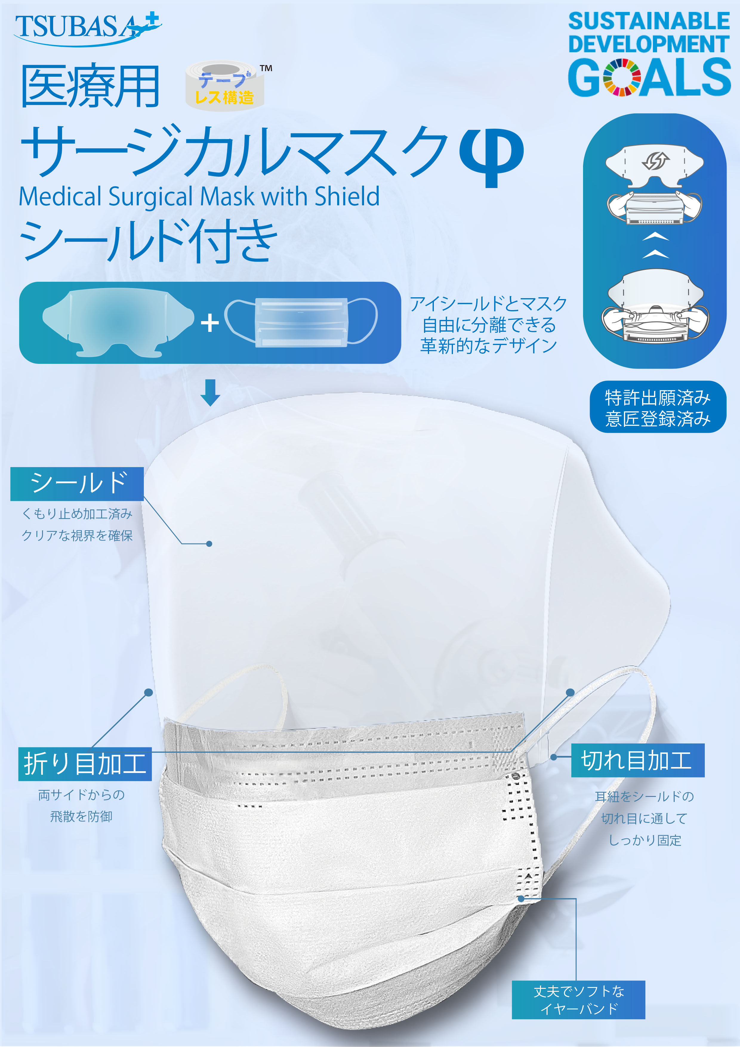 TSUBASA 医療用サージカルマスクφ シールド付き ホワイト/フリーサイズ 1BOX-50枚入り【医療用マスクの米国規格レベル2に適合】